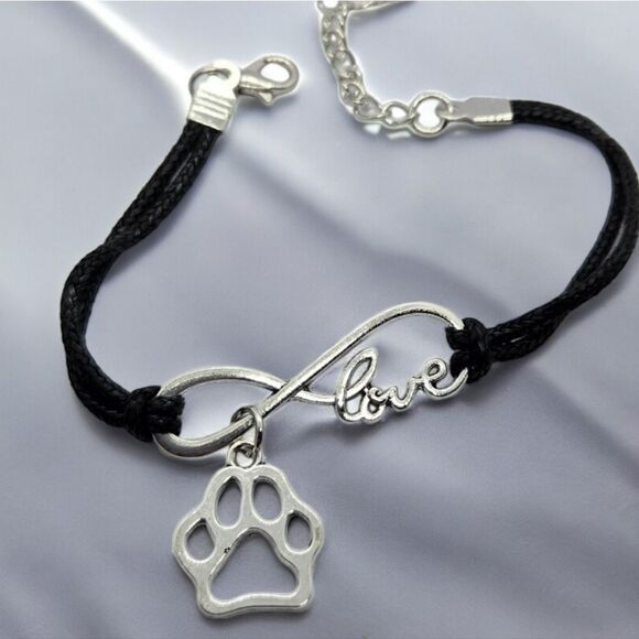 Paw Print 🐾 Dog Mom 🐾 Cat Lady Pet Lover Charm Bracelet Black Faux Leather - Picture 3 of 11